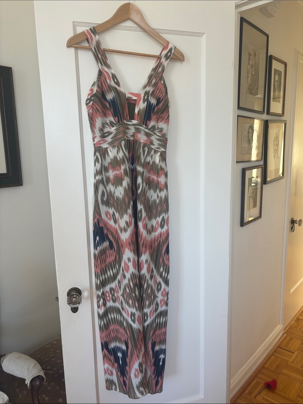Sleeveless Ikat Print Maxi Dress in Coral, Navy & Olive